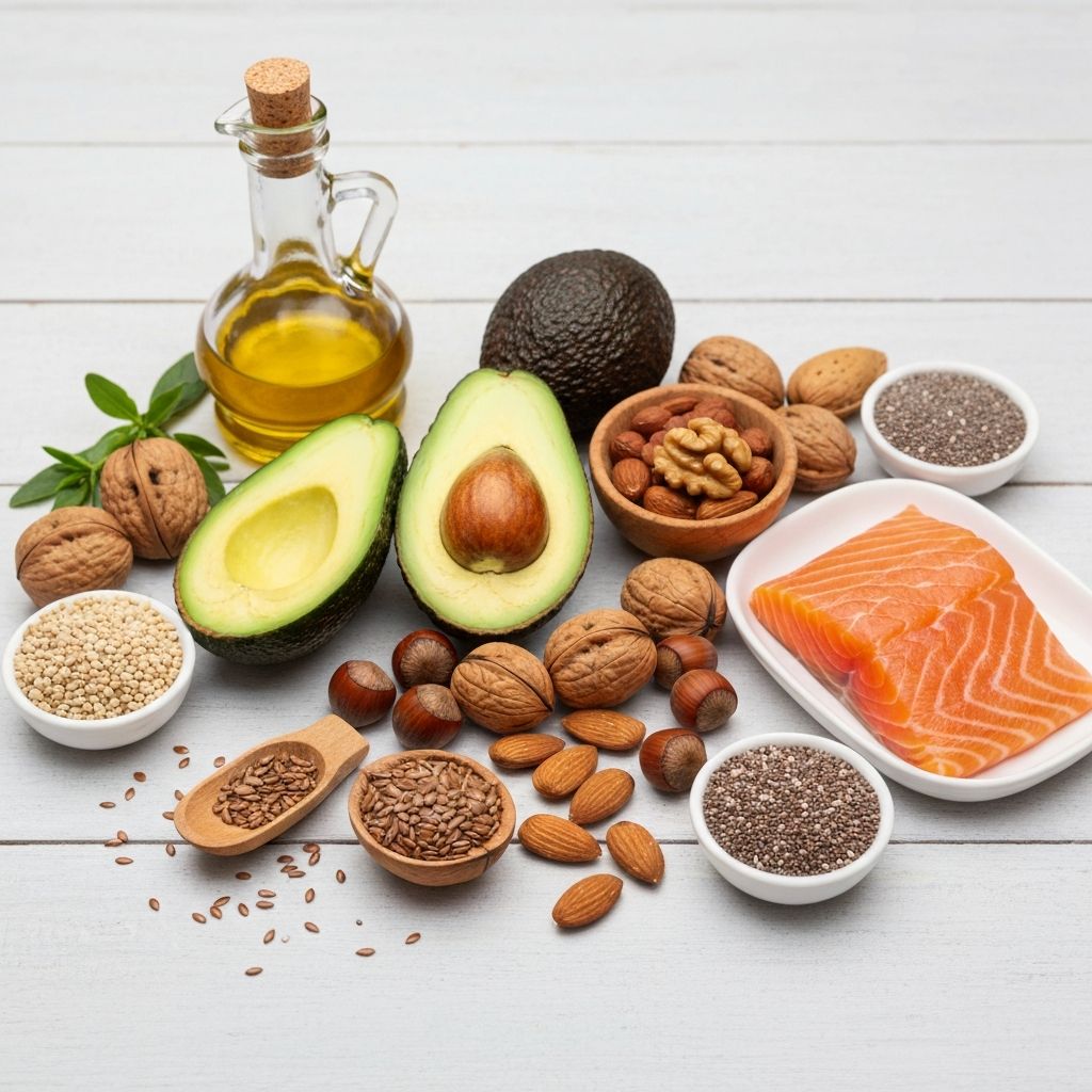 Healthy fat sources including nuts, seeds, and oils